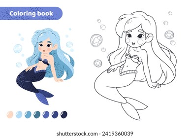 Coloring book for kids. Worksheet for drawing with cartoon mermaid. Cute magical creature. Coloring page with color palette for children. Vector illustration on white background. 