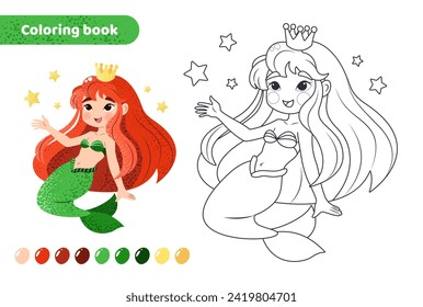 Coloring book for kids. Worksheet for drawing with cartoon mermaid. Cute magical creature. Coloring page with color palette for children. Vector illustration on white background. 