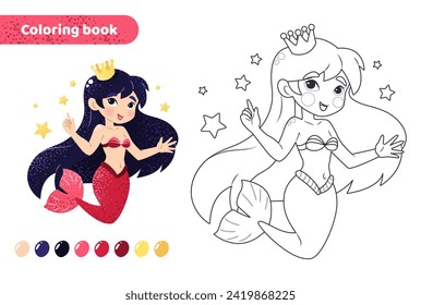 Coloring book for kids. Worksheet for drawing with cartoon mermaid. Cute magical creature with crown and stars. Coloring page with color palette for children. Vector illustration. 