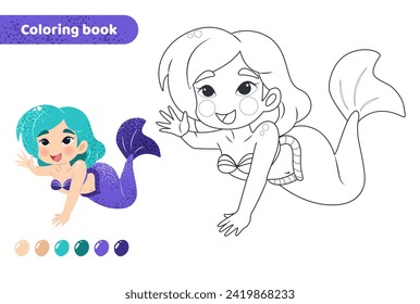 Coloring book for kids. Worksheet for drawing with cartoon mermaid. Cute magical creature with tail. Coloring page with color palette for children. Vector illustration. 