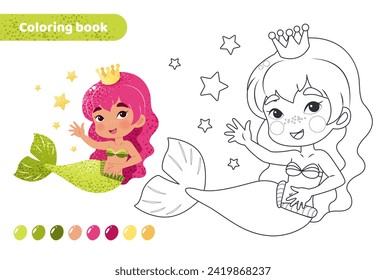 Coloring book for kids. Worksheet for drawing with cartoon mermaid. Cute magical creature with crown and stars. Coloring page with color palette for children. Vector illustration. 