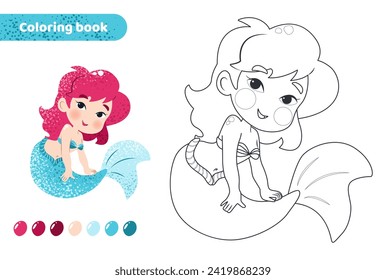 Coloring book for kids. Worksheet for drawing with cartoon mermaid. Cute magical creature with tail. Coloring page with color palette for children. Vector illustration. 