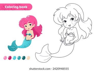 Coloring book for kids. Worksheet for drawing with cartoon mermaid. Cute magical creature with tail. Coloring page with color palette for children. Vector illustration. 