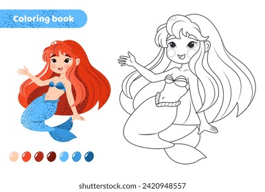 Coloring book for kids. Worksheet for drawing with cartoon mermaid. Cute magical creature. Coloring page with color palette for children. Vector illustration on white background. 