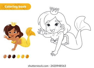 Coloring book for kids. Worksheet for drawing with cartoon mermaid. Cute magical creature with crown. Coloring page with color palette for children. Vector illustration. 