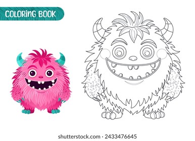 Coloring book for kids. Worksheet for drawing with cartoon monster. Cute magical creature. Coloring page with funny yeti for preschool and school children. Vector illustration on white background.