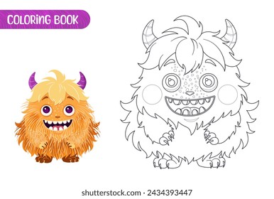 Coloring book for kids. Worksheet for drawing with cartoon monster. Cute magical creature. Coloring page with funny yeti for preschool and school children. Vector illustration on white background.