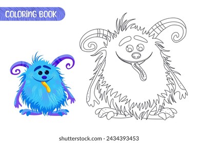 Malbuch für Kinder. Arbeitsblatt zum Zeichnen mit Cartoon-Monster. Süße magische Kreatur. Malseite mit lustigem Yeti für Vorschul- und Schulkinder. Vektorgrafik auf weißem Hintergrund.