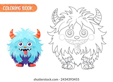 Coloring book for kids. Worksheet for drawing with cartoon monster. Cute magical creature. Coloring page with funny yeti for preschool and school children. Vector illustration on white background.