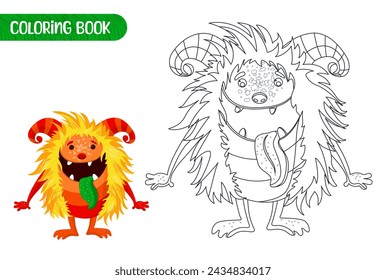 Coloring book for kids. Worksheet for drawing with cartoon monster. Cute magical creature. Coloring page with funny yeti for preschool and school children. Vector illustration on white background.