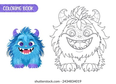 Coloring book for kids. Worksheet for drawing with cartoon monster. Cute magical creature. Coloring page with funny yeti for preschool and school children. Vector illustration on white background.