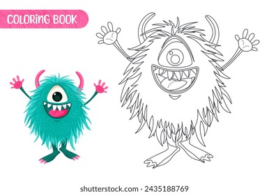 Coloring book for kids. Worksheet for drawing with cartoon monster. Cute magical creature. Coloring page with funny yeti for preschool and school children. Vector illustration on white background.