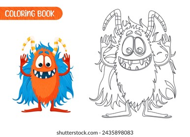 Coloring book for kids. Worksheet for drawing with cartoon monster. Cute magical creature. Coloring page with funny yeti for preschool and school children. Vector illustration on white background.