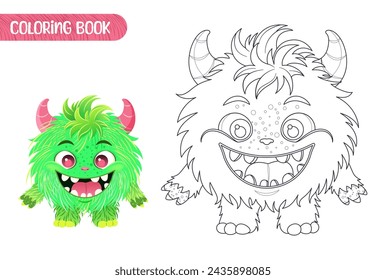 Coloring book for kids. Worksheet for drawing with cartoon monster. Cute magical creature. Coloring page with funny yeti for preschool and school children. Vector illustration on white background.