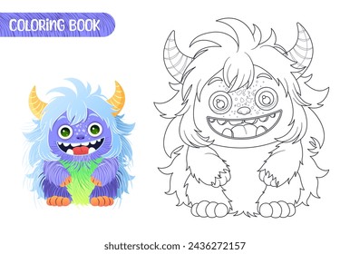 Coloring book for kids. Worksheet for drawing with cartoon monster. Cute magical creature. Coloring page with funny yeti for preschool and school children. Vector illustration on white background.