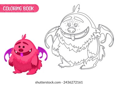 Coloring book for kids. Worksheet for drawing with cartoon monster. Cute magical creature. Coloring page with funny yeti for preschool and school children. Vector illustration on white background.