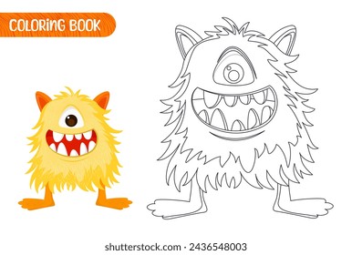 Coloring book for kids. Worksheet for drawing with cartoon monster. Cute magical creature. Coloring page with funny yeti for preschool and school children. Vector illustration on white background.