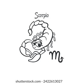 Coloring book for kids zodiac signs, Scorpio, cartoon with claws and eyes, vector black and white drawing