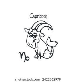 Coloring book for kids zodiac signs, Capricorn cartoon with horns and tail, vector black and white drawing