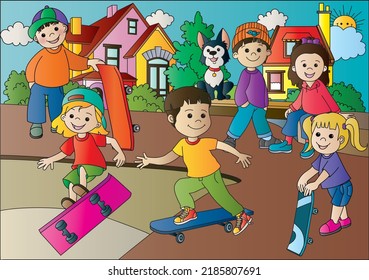 Coloring book for kids.Children playing with skateboard,