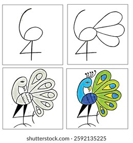 Coloring book for kids,Step by step repeats the picture. Drawing lesson for children. How draw a peacock.Animal Coloring page.