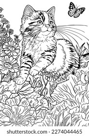 Coloring book for kids.Worksheets for teachers to teach.Cat walking in garden.