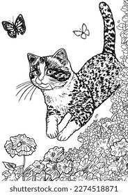Coloring book for kids.Worksheets for teachers to teach.Cat walking in garden.