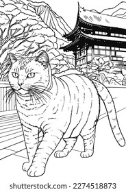 Coloring book for kids.Worksheets for teachers to teach.Cat walking in garden.
