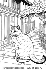 Coloring book for kids.Worksheets for teachers to teach.Cat walking in garden.