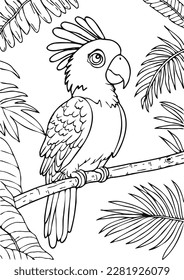 Coloring book for kids.Worksheets for teachers to teach.Macaw parrot in the forest.
