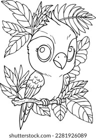 Coloring book for kids.Worksheets for teachers to teach.Macaw parrot in the forest.
