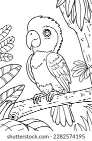 Coloring book for kids.Worksheets for teachers to teach.Macaw parrot in the forest.
