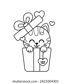 Coloring book. Kitten in gift box. Black and white cat. Color me. Isolated vector illustration eps