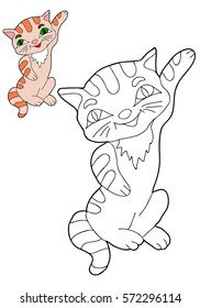  Coloring  book. Kitten.  Hand drawn. Black and white,  color.   Children,  vector illustration.