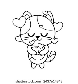 Coloring book. Kitten is hugging hearts. Black and white cat. Color me. Isolated vector illustration eps