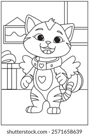 Coloring book kitten ready for an adventure in a spacesuit with wings! Perfect for children's coloring pages and inspiring imaginations