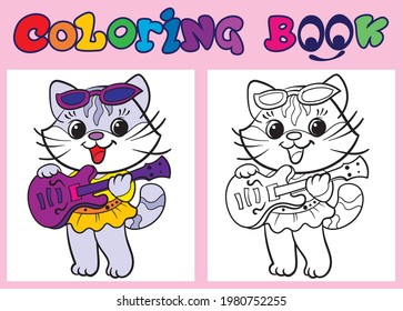 Coloring book. Kitten singer girl. A4 print. Preschool education.