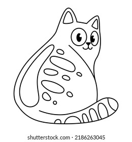 Coloring book. The kitten sits. Linear illustration of a cute cartoon cat. Black and white vector illustration isolated
