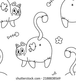 Coloring book. Kittens with hearts. Pattern with cute cartoon cats, funny children's print with pets. Vector illustration