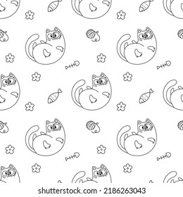 Libro de colorear. Los gatitos están tumbados. Patrón con lindos gatos de dibujos animados, graciosos dibujos de niños con mascotas. Ilustración del vector