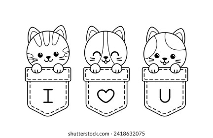 Coloring book. Kittens on pockets. Black and white cats. Color me. Isolated vector illustration eps