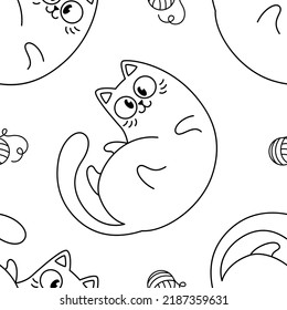 Coloring book. Kittens play. Pattern with cute cartoon cats, funny children's print with pets. Vector illustration