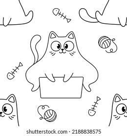 Coloring book. The kittens sit in boxes. Pattern with cute cartoon cats, funny children's print with pets. Vector illustration