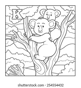 Coloring book (koala), colorless illustration (letter K)