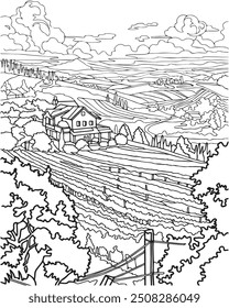 Coloring book. Landscape with country fields and house.