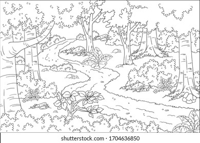 Coloring book landscape. Hand drawn vector illustration with separate layers.