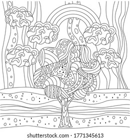 Coloring book with landscape, tree, sky, rainbow, clouds. Abstract ornament, cute lines, circles, dots. Black outline on a white background, vector.