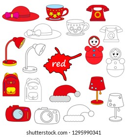 Coloring book. Learn the color red.  Worksheet. Coloring page.