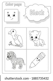 Coloring book. Learning colors. Color pictures. Flashcard for kids. Cartoon characters. Picture set for preschoolers. Education worksheet. Vector illustration.