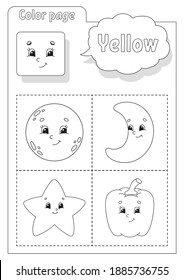 Coloring book. Learning colors. Color pictures. Flashcard for kids. Cartoon characters. Picture set for preschoolers. Education worksheet. Vector illustration.